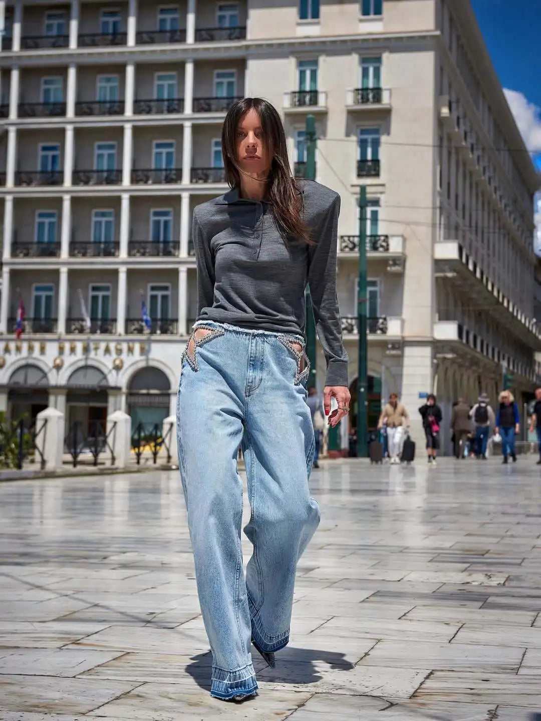 Calça Jeans Feminina Y2K Chic com Estrelas e Diamantes, Cintura Baixa, Recortes Laterais, Perna Larga Solta, Estilo Hip-Hop Streetwear Retrô Elegante