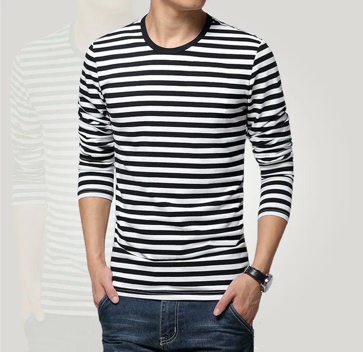 Estilo marinho camisa de manga longa masculina camiseta o pescoço listra t camisa masculina camisa marinha vintage básico 95% algodão camisa