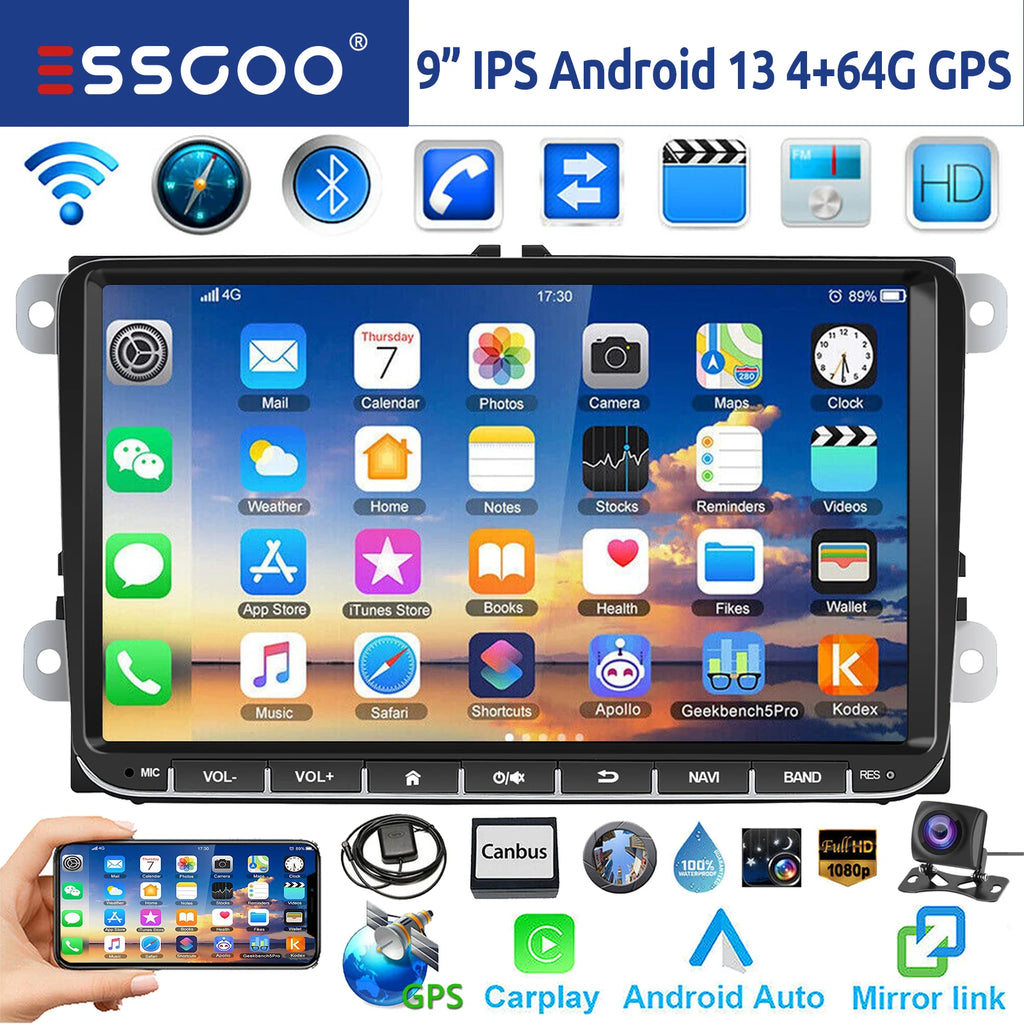 Essgoo 9 "android 14 4g + 64g Wireless  carplay carro estéreo gps navi wifi rds fm bt para vw golf 5 6 passat polo touran tiguan caddy eos