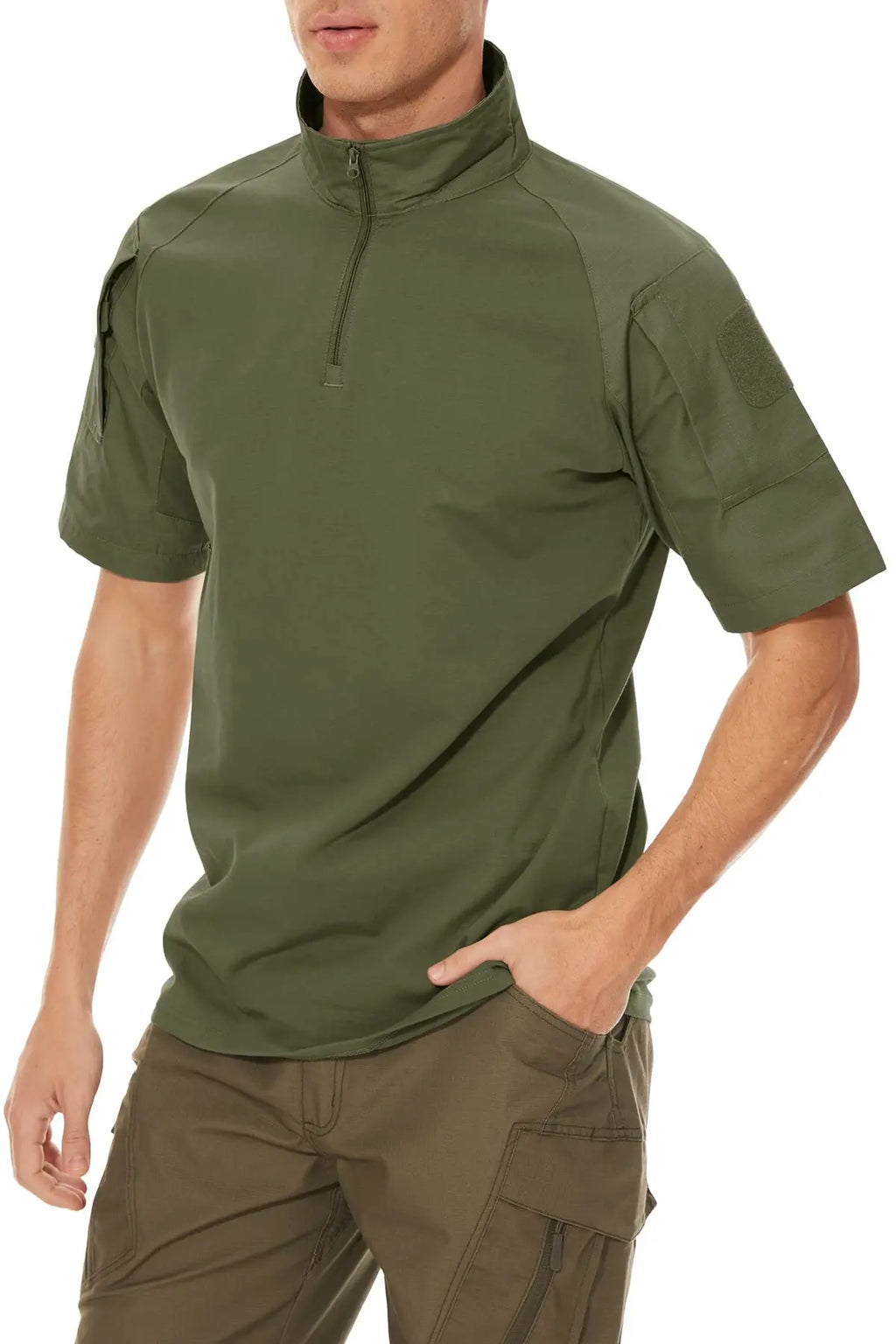 Tacvasen-camiseta de manga curta com bolsos com zíper para homens, roupas de estilo safári, cor sólida, para caminhadas e trabalho, para o verão
