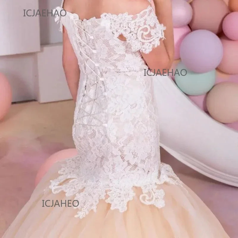 Bebê flor menina vestido crianças rendas longo noite crianças vestidos para casamento bridesmade baile de formatura sereia vestido festa formal vestidos de baile