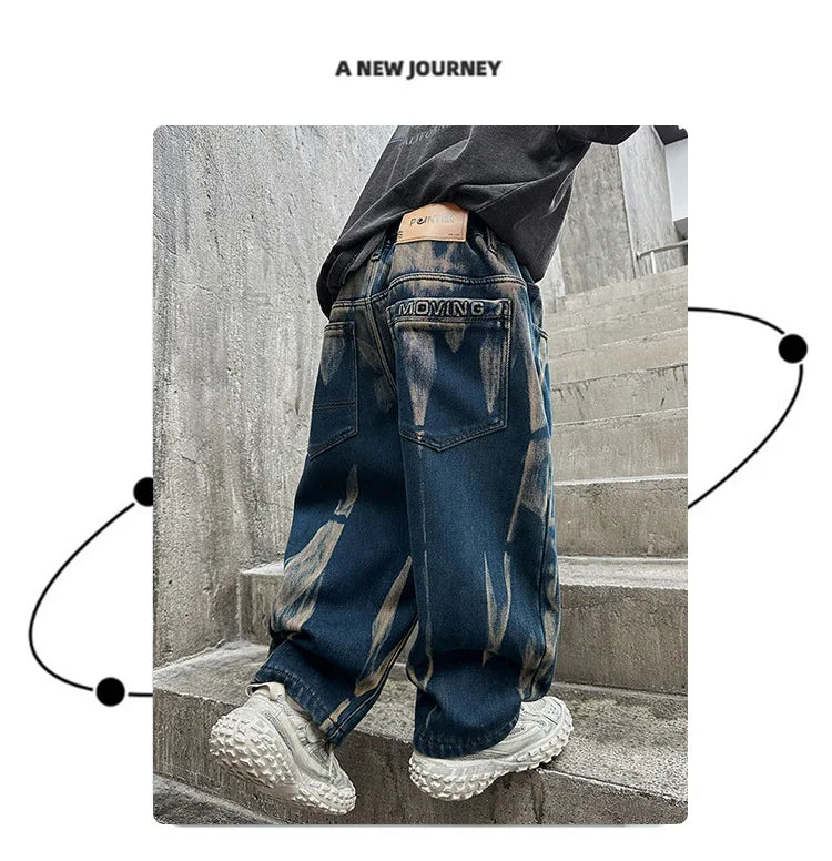 Crianças graffiti jeans meninos primavera e outono 2025 novas crianças adolescentes bonito meninos perna reta solta calças de perna larga