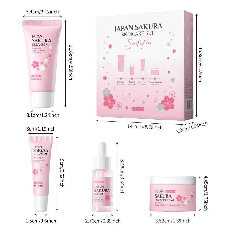 Conjuntos de cuidados com a pele Laikou Sakura com limpador, sérum, creme para os olhos, creme essencial, produtos de beleza para mulheres, presente de Natal.