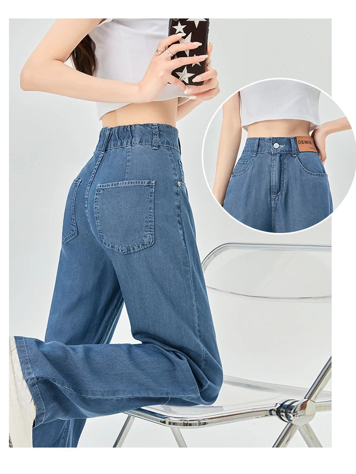 Jeans de cintura alta de seda gelo feminino, verão, azul, solto, perna larga, elegante, simples, lazer, todos os fósforos, diário, na moda, chique, moda coreana