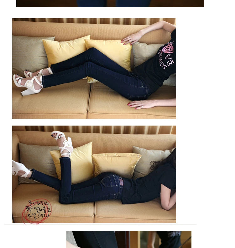 Calça Jeans Fena Skinny de Cintura Baixa Elástica e Esticável para Outono, Calça Longa Preta de Nove Pontos com Efeito Le...
