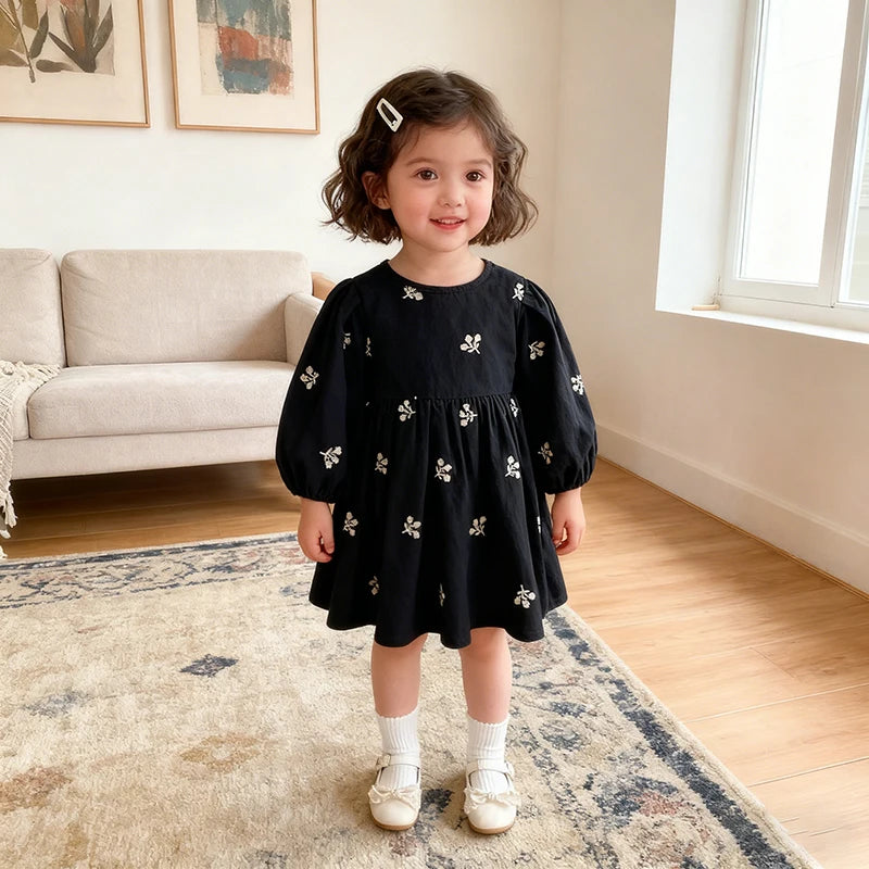 2026 nova primavera meninas vestido de princesa crianças estilo coreano bordado roupas 2-6yrs manga comprida algodão crianças vestido de festa