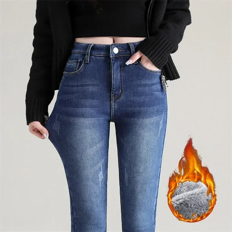Inverno senhora térmica quente jeans de pelúcia magro estiramento jeans senhora fino ajuste lápis calças meninas perna reta denim
