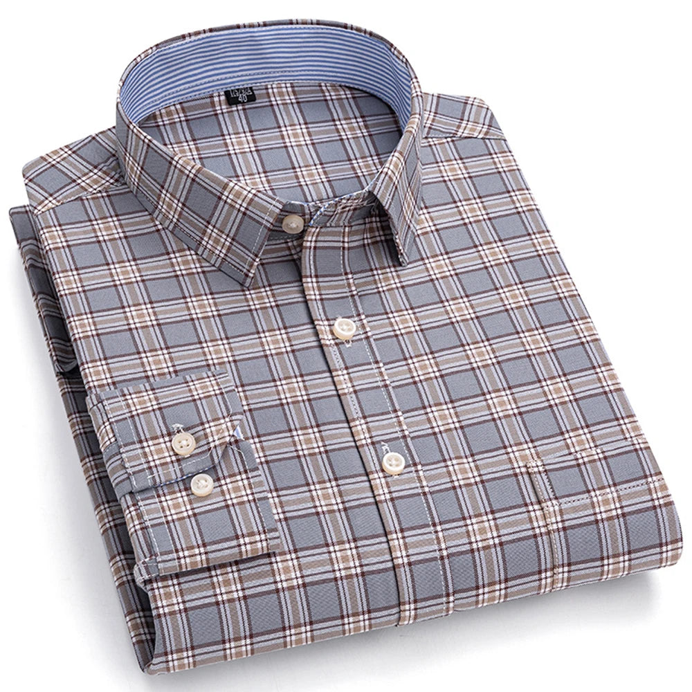 Camisas de vestido de algodão com design de gola de lapela listrada xadrez na moda masculina, camisa casual de manga comprida com botões para primavera/outono