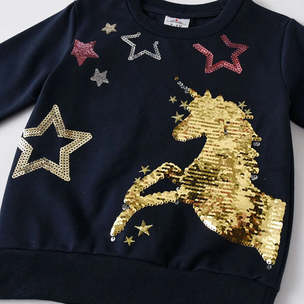 Dxton moletom infantil com lantejoulas, pulôver para bebês meninas, roupas unicórnio, roupa externa diária para crianças, camisetas esportivas de inverno