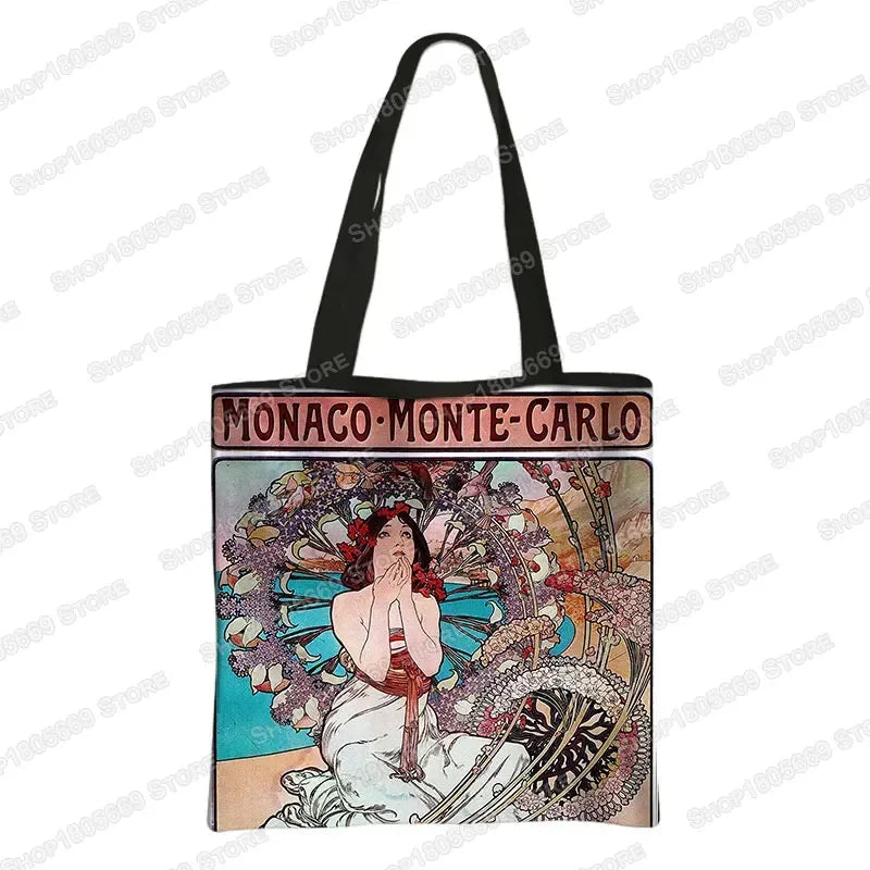 Alphonse Beauty Print Bolsa para Mulheres, Sacos De Compras De Armazenamento Reutilizável, Totes Casuais, Pintura A Óleo, Elegante Senhoras Tote