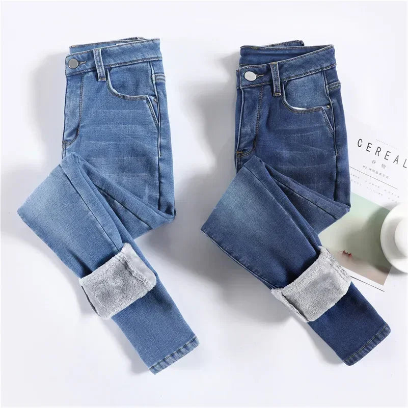 Inverno senhora térmica quente jeans de pelúcia magro estiramento jeans senhora fino ajuste lápis calças meninas perna reta denim