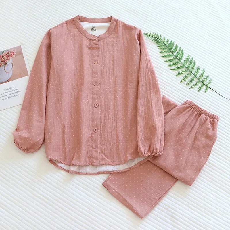 Algodão feminino polka dot pijama define fio-tingido gaze manga longa calças loungewear casual simples pijamas em torno do pescoço nightwears