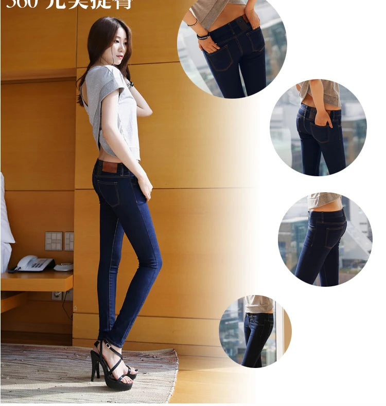 Calça Jeans Fena Skinny de Cintura Baixa Elástica e Esticável para Outono, Calça Longa Preta de Nove Pontos com Efeito Le...