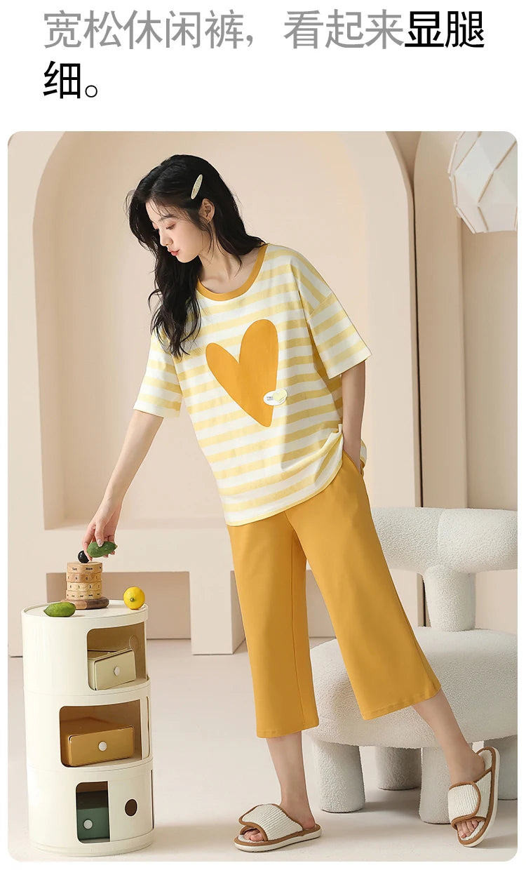 SUKAE-Conjunto de Pijamas dos desenhos animados das mulheres, 100% algodão, calça curta na altura do joelho, pijamas, capris loungewear, pijamas de verão, M-4XL