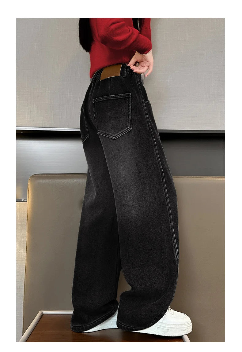 Crianças casuais solto em linha reta ajuste jeans para meninas perna larga legal calças jeans crianças adolescente primavera cintura elástica calças jeans