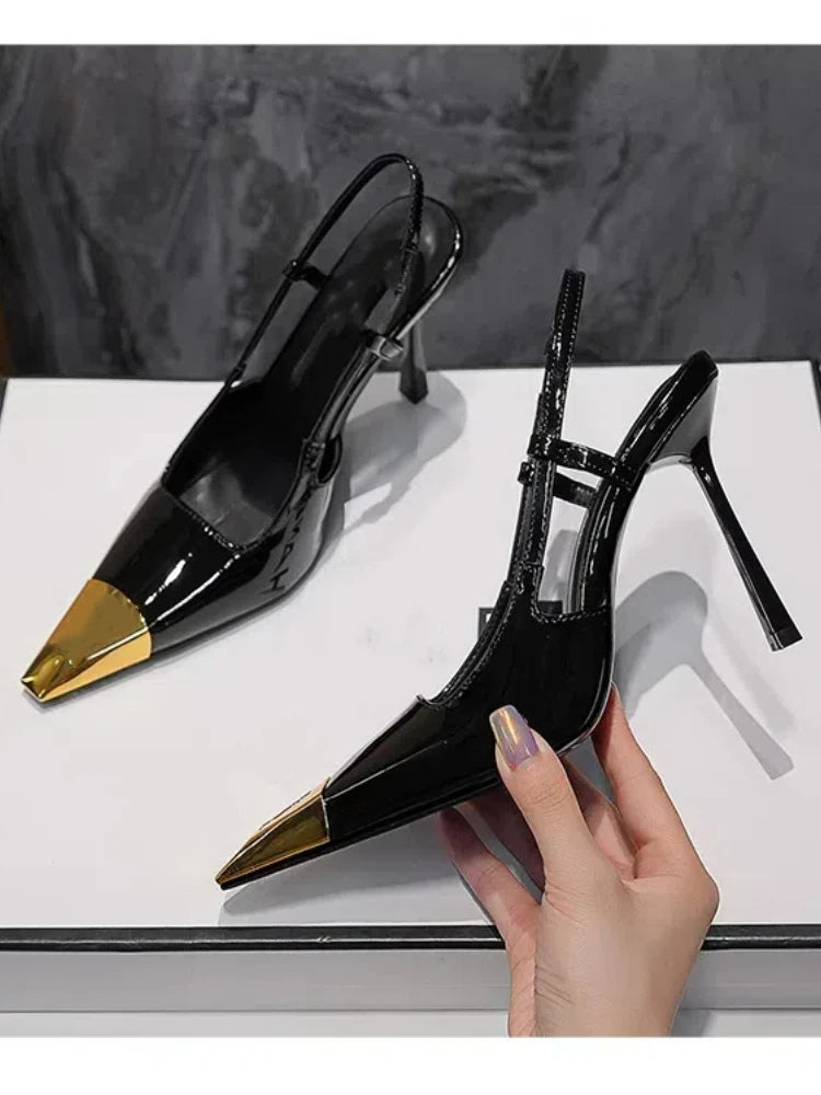 Novo verão sandálias femininas de salto alto ouro cabeça de ferro couro patente preto stiletto cabeça quadrada dedo do pé fechado estilingue volta sapatos