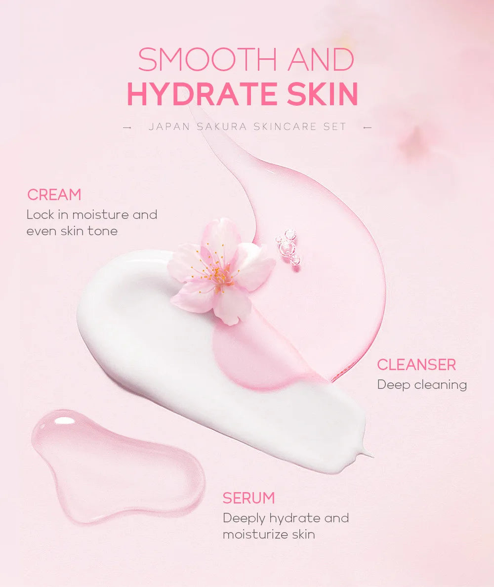 Conjuntos de cuidados com a pele Laikou Sakura com limpador, sérum, creme para os olhos, creme essencial, produtos de beleza para mulheres, presente de Natal.