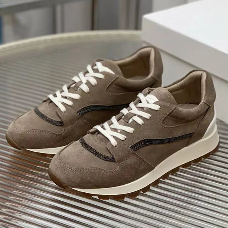 Sapatos casuais mulher dedo do pé redondo corrente corda grânulo conforto tênis de corrida senhoras camurça vaca retalhos rendas até tênis planos