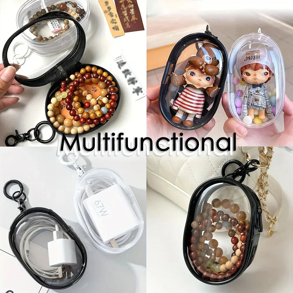 Mini saco de armazenamento com zíper transparente, chaveiro portátil, boneca de desenho animado, organizador de brinquedos para fones de ouvido, carregadores, cabo de dados, sacos de presente