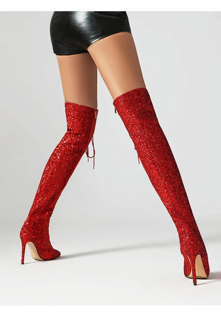 Botas femininas de lantejoulas acima do joelho, salto alto fino, botas longas pontiagudas, sapatos de festa para senhora, moda boate, 10cm, outono e inverno