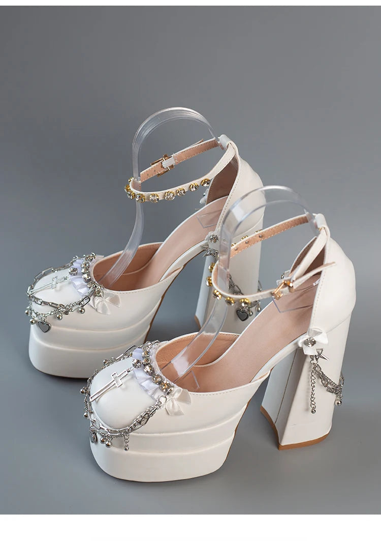 Cruz Japonesa Rhinestone Lolita Salto Alto para Mulheres, Corrente de Metal, Casamento da Noiva Rosa, Doce Sapatos Y2k Mary Jane, Salto Plataforma para Menina