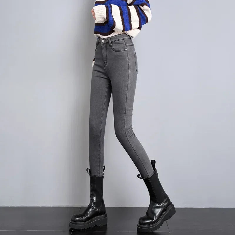 Inverno senhora térmica quente jeans de pelúcia magro estiramento jeans senhora fino ajuste lápis calças meninas perna reta denim