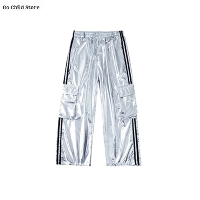 Meninas k-pop brilhante colheita superior calças de carga shorts de dança de rua crianças hip hop jazz conjuntos de roupas crianças streetwear menina grupo traje
