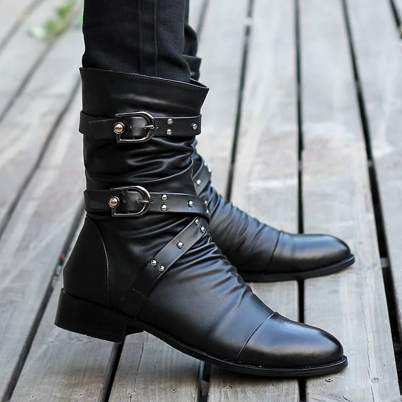 Inverno apontou toe botas de cano médio masculino fivela cinta chelsea bota para homens de couro botas de motocicleta alta superior homem sapato de inverno