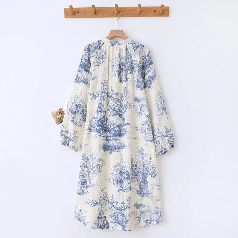 Manga longa algodão jardim secreto impressão com decote em v vestido de dormir para mulheres sleepwear respirável comprimento médio dormir camisolas