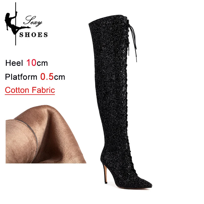 Botas femininas de lantejoulas acima do joelho, salto alto fino, botas longas pontiagudas, sapatos de festa para senhora, moda boate, 10cm, outono e inverno