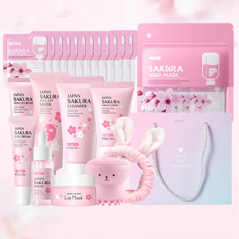 Laikou japão sakura conjunto de cuidados com a pele hidratante anti-envelhecimento kit rugas suavização brilho aumentando kit facial presente conjunto