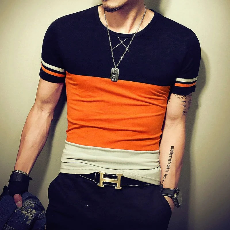 Moda verão masculina t camisa casual retalhos manga curta t camisa roupas masculinas tendência casual fino ajuste hip-hop topo t 5xl