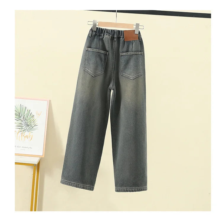 Crianças casuais solto em linha reta ajuste jeans para meninas perna larga legal calças jeans crianças adolescente primavera cintura elástica calças jeans