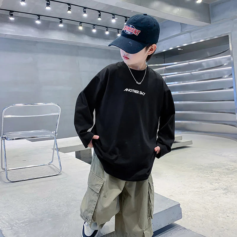 Nova primavera crianças manga longa camiseta de algodão para meninos solto estilo breve tshirt adolescentes crianças escola camisetas roupas de moda do bebê