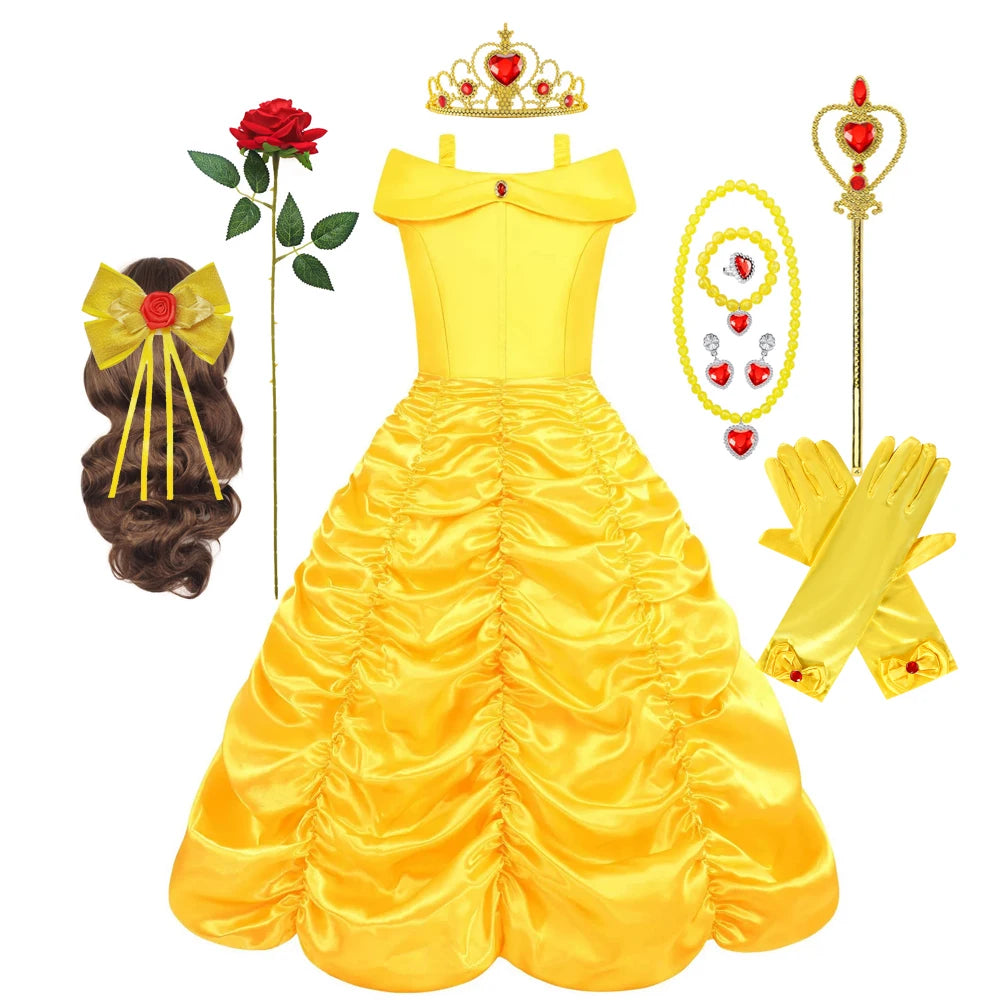 Belle traje menina princesa vestido amarelo halloween bela e a fera trajes meninas festa de aniversário crianças roupas vestido