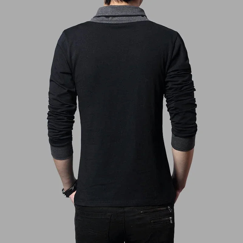 Camiseta Masculina Slim Fit de Manga Longa com Gola em Patchwork e Decote V, Tendência de Moda 2026, Camiseta de Algodão Plus Size 5XL