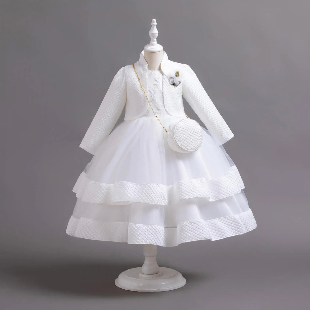 Novo outono/inverno vestido de festa de manga longa elegante menina bordado vestido de desempenho de natal saco de presente para crianças de 3 a 11 anos