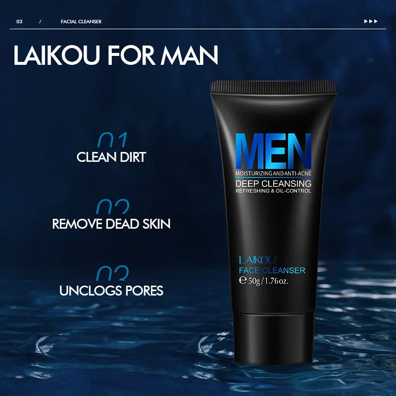 LAIKOU Limpador Facial Masculino 50g Limpeza Profunda Controle de Oleosidade Anti Acne Refrescante Hidratante Para Cuidados com a Pele Masculina
