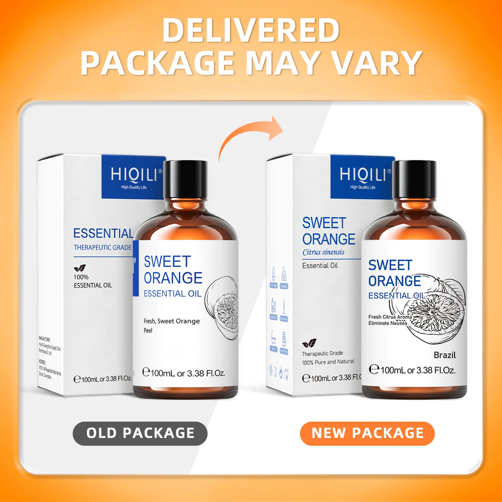 Óleos Essenciais de Laranja Doce HIQILI, Natureza 100% Pura, Aromaterapia, Difusor, Umidificador, Massagem, Ar Fresco, Vela, 100ml