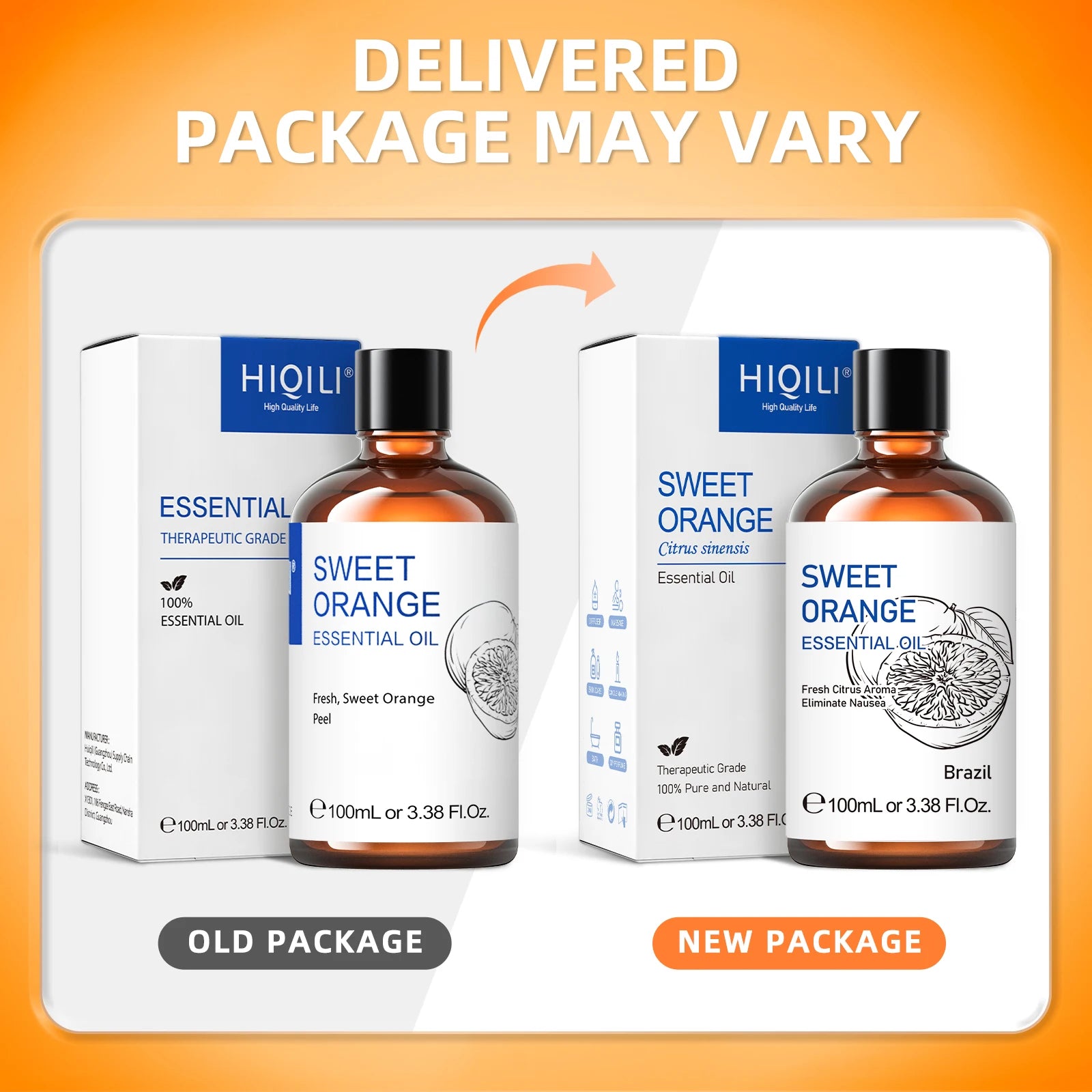 Óleos Essenciais de Laranja Doce HIQILI, Natureza 100% Pura, Aromaterapia, Difusor, Umidificador, Massagem, Ar Fresco, Vela, 100ml