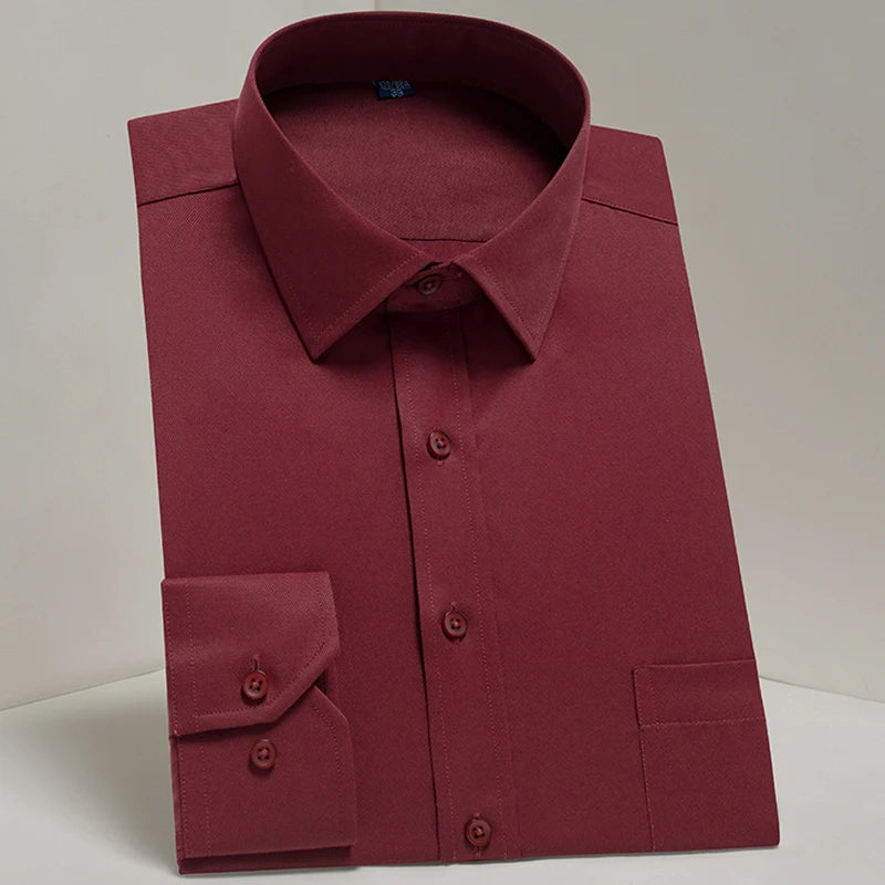 Camisas sociais masculinas clássicas de manga comprida, ajuste padrão, formal, negócios, social, simples, design básico, branco, trabalho, escritório, camisa casual