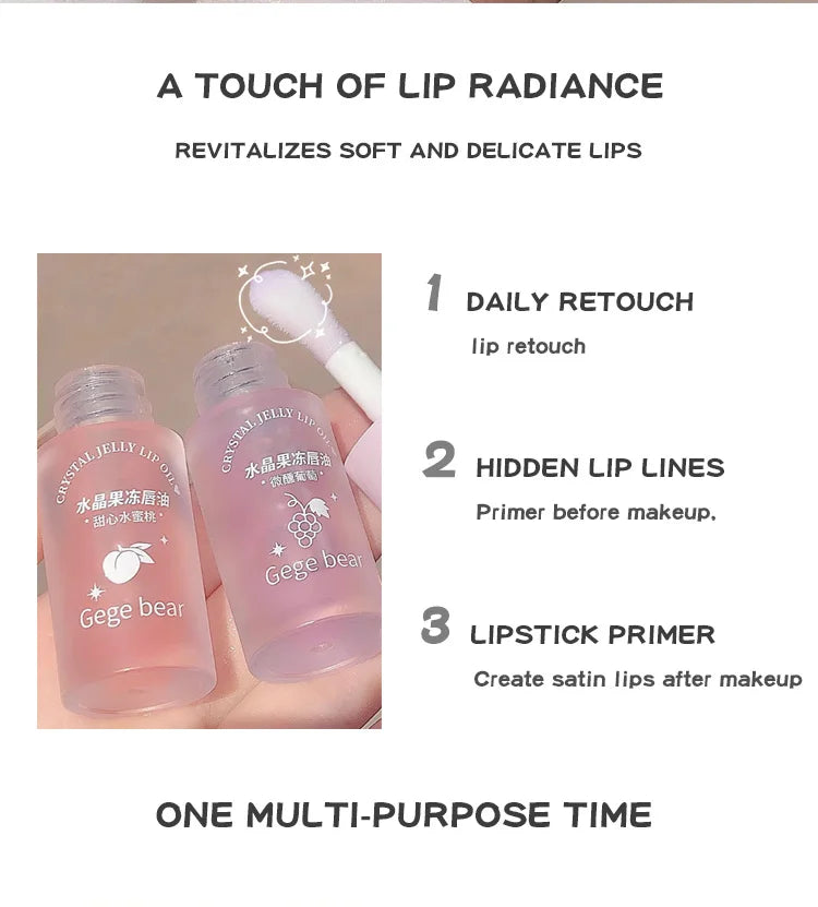 Óleo Labial Gege Bear Crystal Jelly Fruit com Pêssego, Uva e Abacate, Hidratante, Nutritivo e Clareador de Linhas Labiais