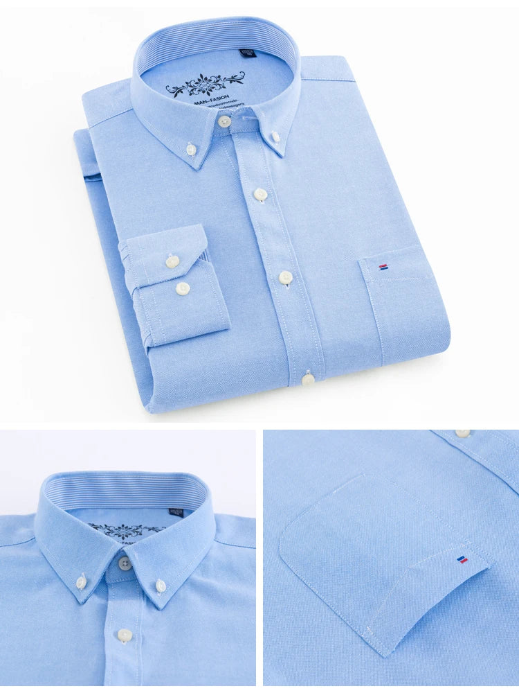 Camisa casual de trabalho listrada xadrez oxford de manga comprida masculina com bolso, camisas de botão de ajuste regular de mistura de algodão primavera outono