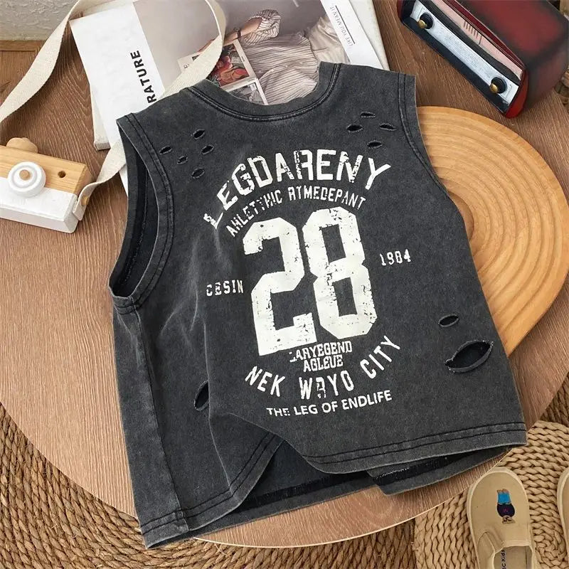 Verão bonito meninos novo preto puro algodão sem mangas perfurado camiseta estilo solto bebê crianças regata