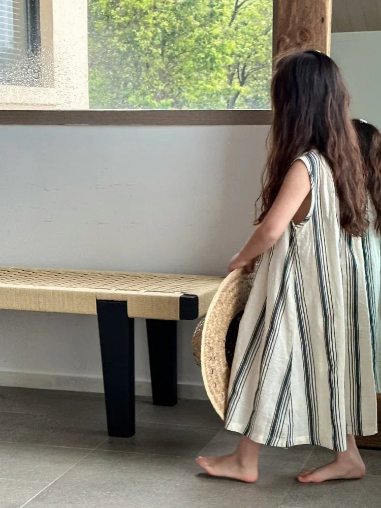 Crianças roupas meninas vestido sem mangas nova moda verão 2025 estilo coreano listra vertical francês retro vestido de férias