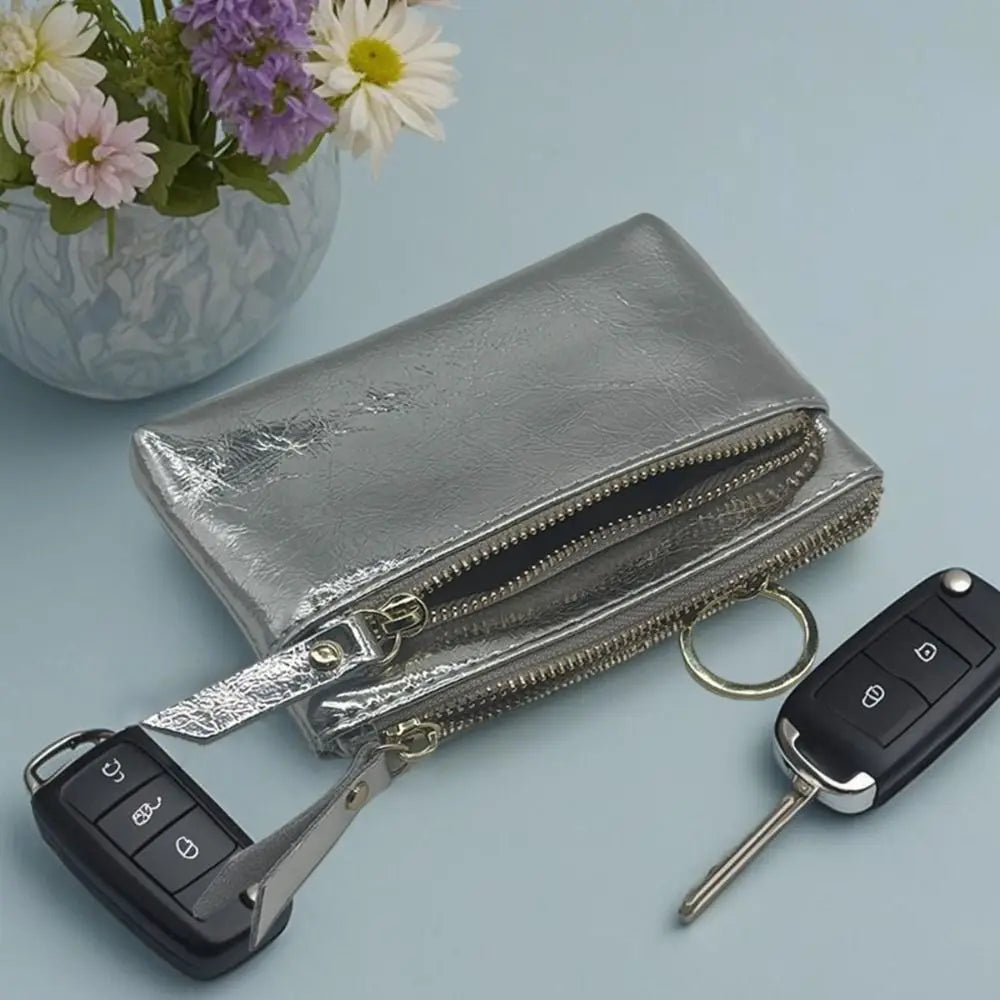 Porta-moedas de Couro Portátil com Zíper Duplo, Bolsa de Armazenamento Fofa, Suporte Multifuncional para Cartões de Crédito e Dinheiro