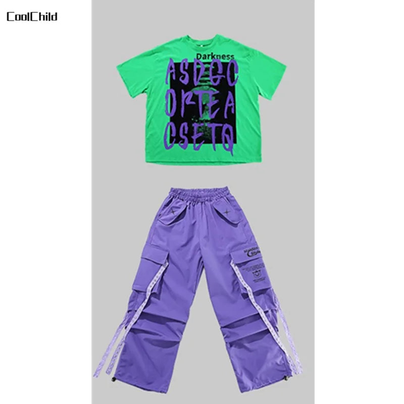 Conjunto de camiseta e calças infantis legais, trajes de jazz, Hip Hop Streetwear, roupas femininas, moda feminina, corredores de rua, colete infantil
