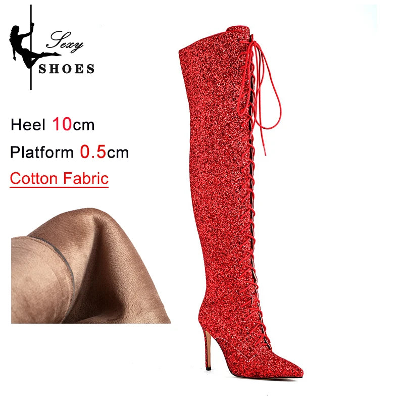 Botas femininas de lantejoulas acima do joelho, salto alto fino, botas longas pontiagudas, sapatos de festa para senhora, moda boate, 10cm, outono e inverno