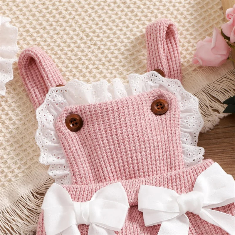 Criança bebê meninas 2 pçs macacão roupas terno verão contraste cor bowknot sem mangas plissado malha macacão chapéu crianças outfit