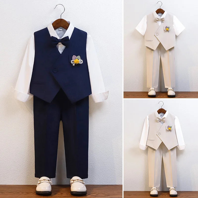 Cavalheiro crianças verão respirável vestido de casamento escola meninos colete camisa calças gravata borboleta fotografia terno crianças traje aniversário